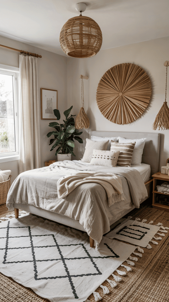 Machine-washable textiles in scandinavian kids bedroom featuring linen bedding and cotton rugs