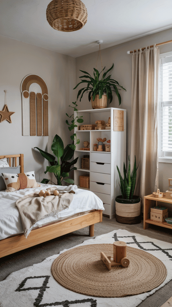Nature elements in scandinavian kids bedroom with safe plants and natural materials for sensory development
