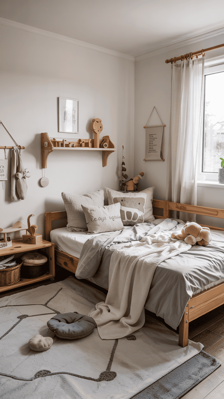 Cozy scandinavian kids bedroom with natural wood furniture, neutral colors, and child-friendly minimalist design