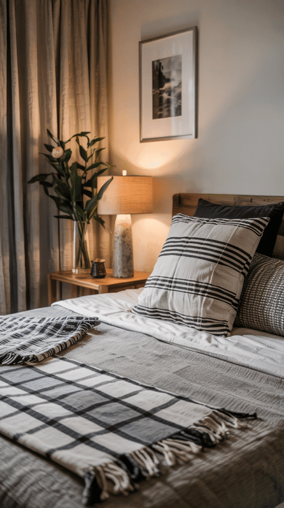 Scandinavian interior bedroom featuring simple geometric patterns and traditional Nordic textile designs