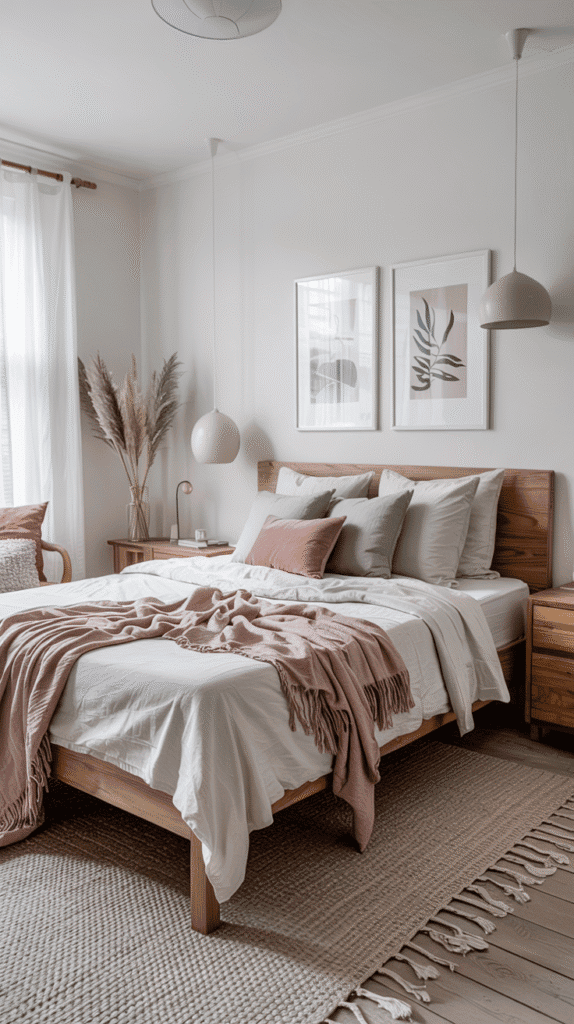 Scandinavian interior bedroom featuring neutral color palette with whites, grays and natural wood tones