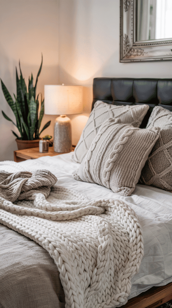 Scandinavian interior bedroom with cozy layered textiles creating perfect hygge atmosphere