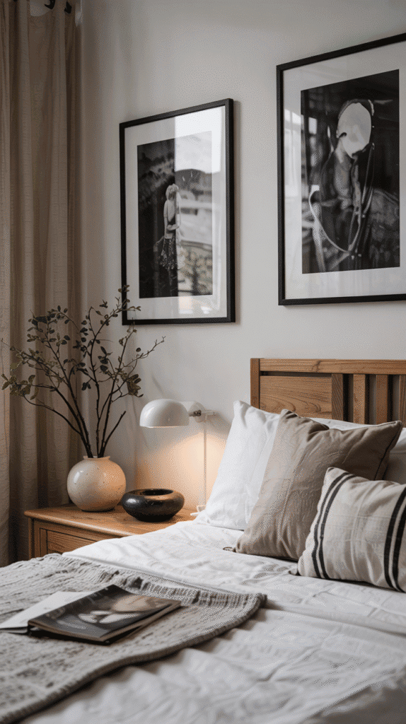 Scandinavian interior bedroom with thoughtfully curated personal touches maintaining minimalist aesthetic