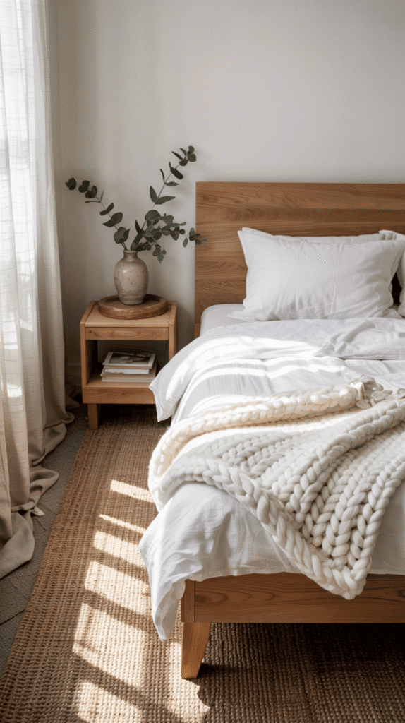 Scandinavian interior bedroom showcasing quality natural materials including light wood and organic textiles