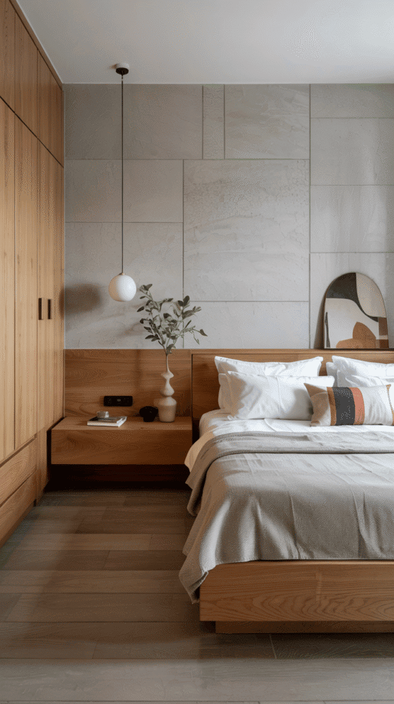 Scandinavian interior bedroom demonstrating functional minimalism with smart storage and clean lines
