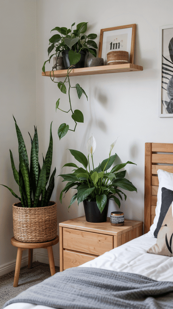 Scandinavian interior bedroom enhanced with carefully selected indoor plants and natural elements