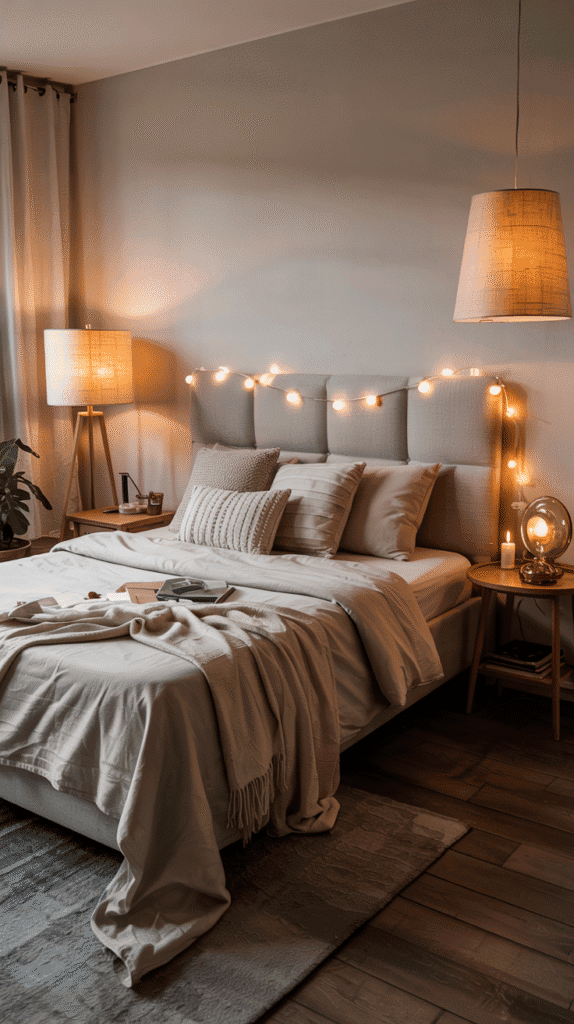 Scandinavian interior bedroom with layered warm lighting creating cozy evening ambiance