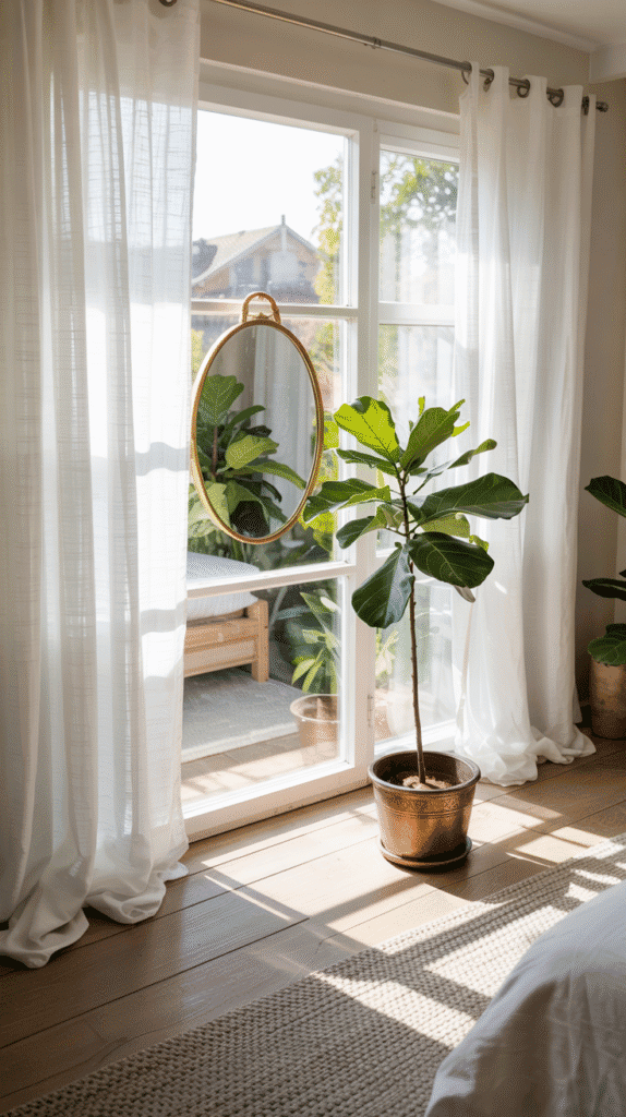 Scandinavian interior bedroom maximizing natural light with sheer curtains and strategic mirror placement