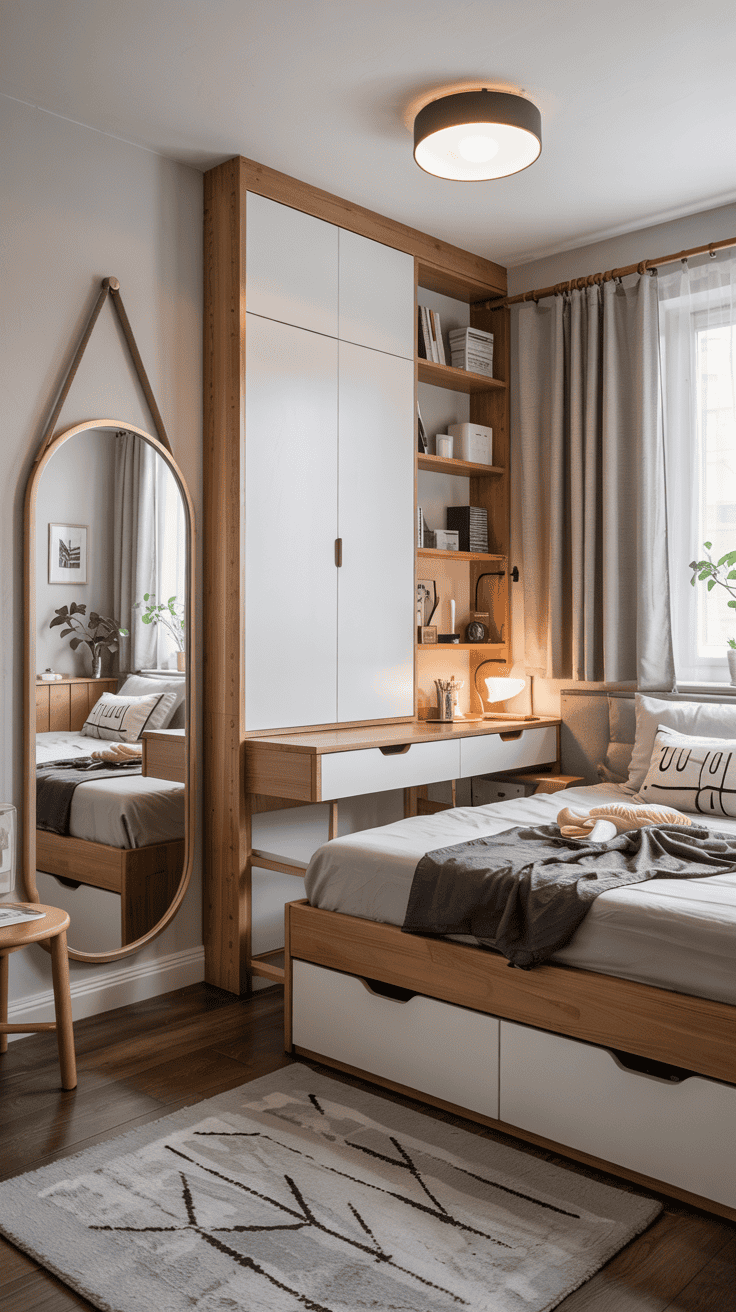 Bright Scandinavian small bedroom with multifunctional furniture, light colors, and smart storage solutions.