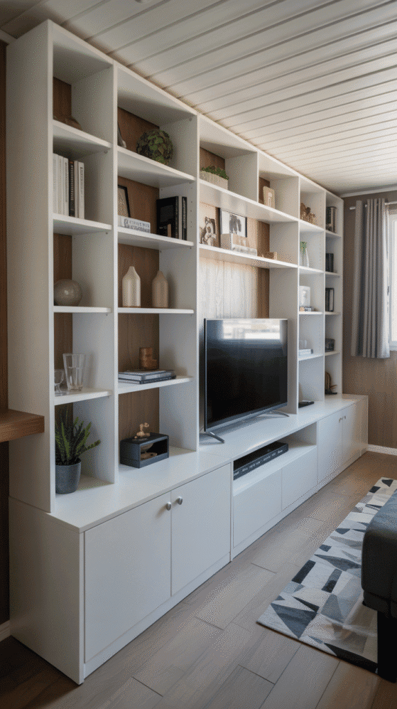 Floor-to-ceiling built-in storage units demonstrating singlewide mobile home ideas for maximizing vertical space