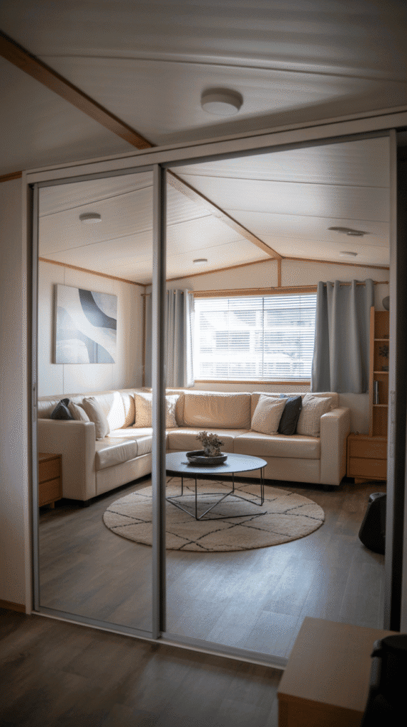 Mirrored accent wall with strategic lighting demonstrating space-enhancing singlewide mobile home ideas for small rooms
