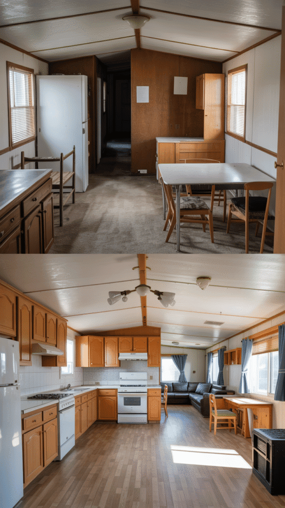 Open floor plan transformation showing effective singlewide mobile home ideas for creating spacious interiors