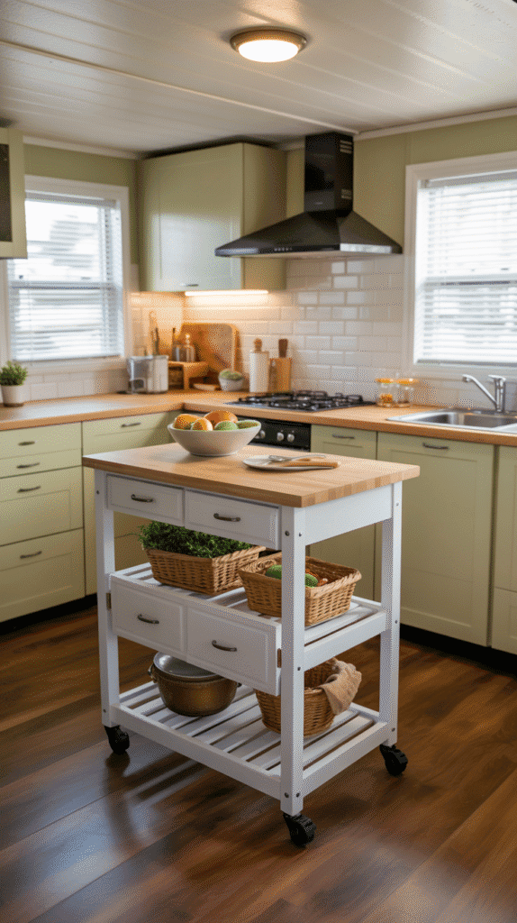Mobile kitchen island with hidden storage exemplifying practical singlewide mobile home ideas for small kitchens