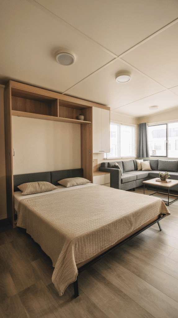 Murphy bed wall-mounted system demonstrating clever singlewide mobile home ideas for multi-functional spaces