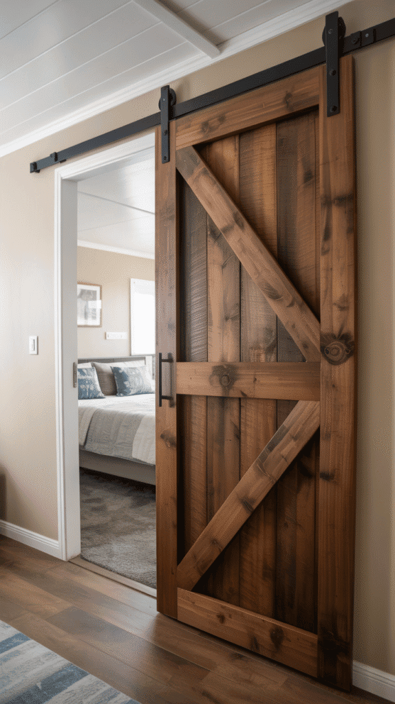 Sliding barn door installation showcasing stylish singlewide mobile home ideas that save floor space