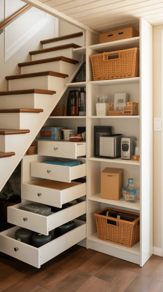 Under-stair storage organization system highlighting efficient singlewide mobile home ideas for unused spaces