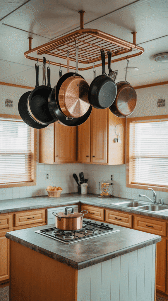 Ceiling-mounted pot rack storage demonstrating vertical singlewide mobile home ideas for kitchen organization