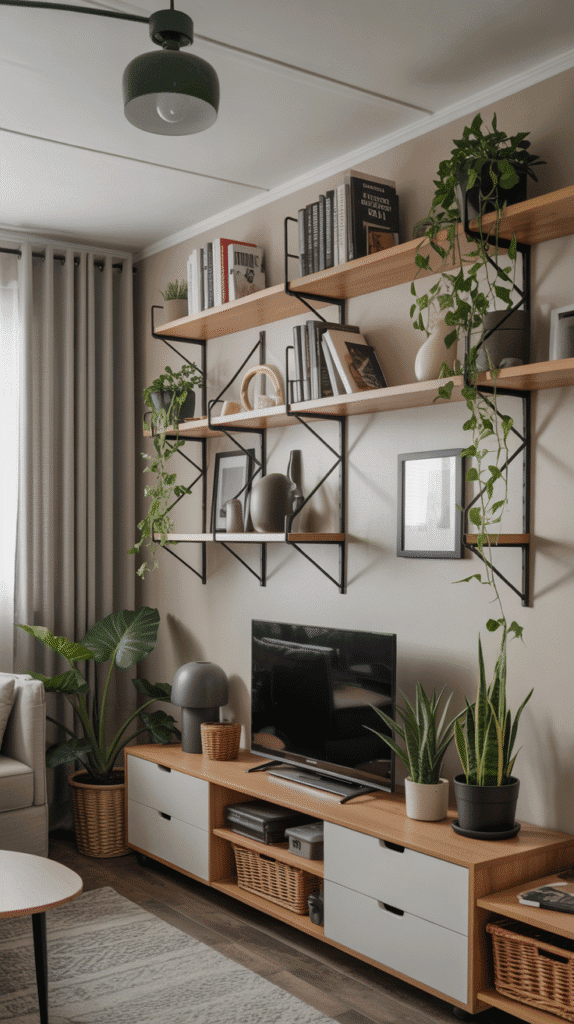 Multi-level floating shelves and vertical garden wall showing creative singlewide mobile home ideas for storage