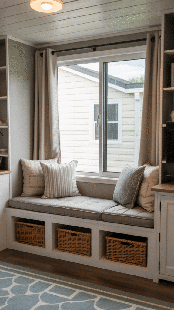 Window seat with built-in storage bench illustrating comfortable singlewide mobile home ideas for seating and storage