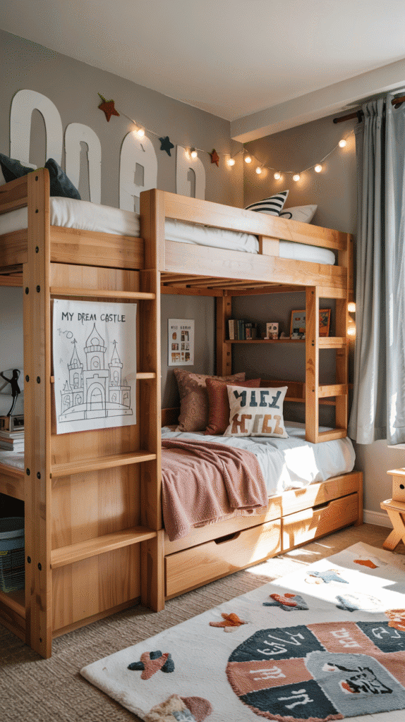 Loft bed setup in small kids' bedroom.