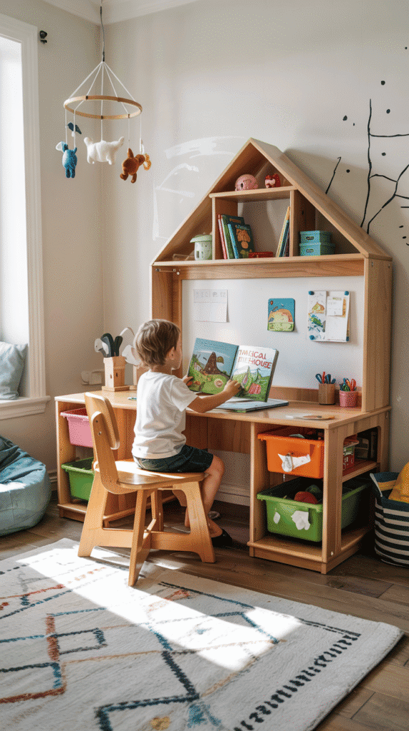 Convertible room design in small kids' bedroom.