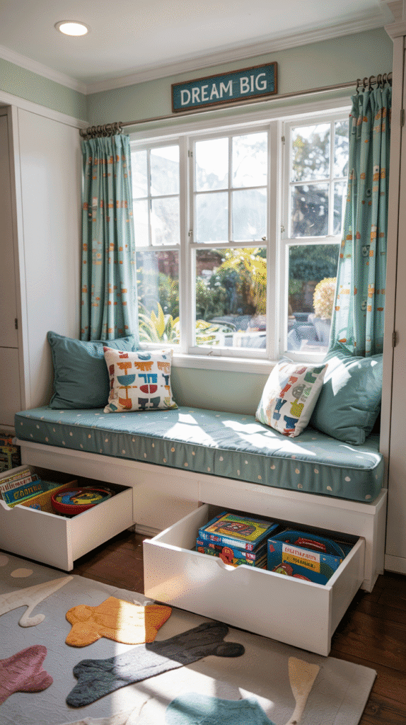 Built-in storage benches in small kids' bedroom.