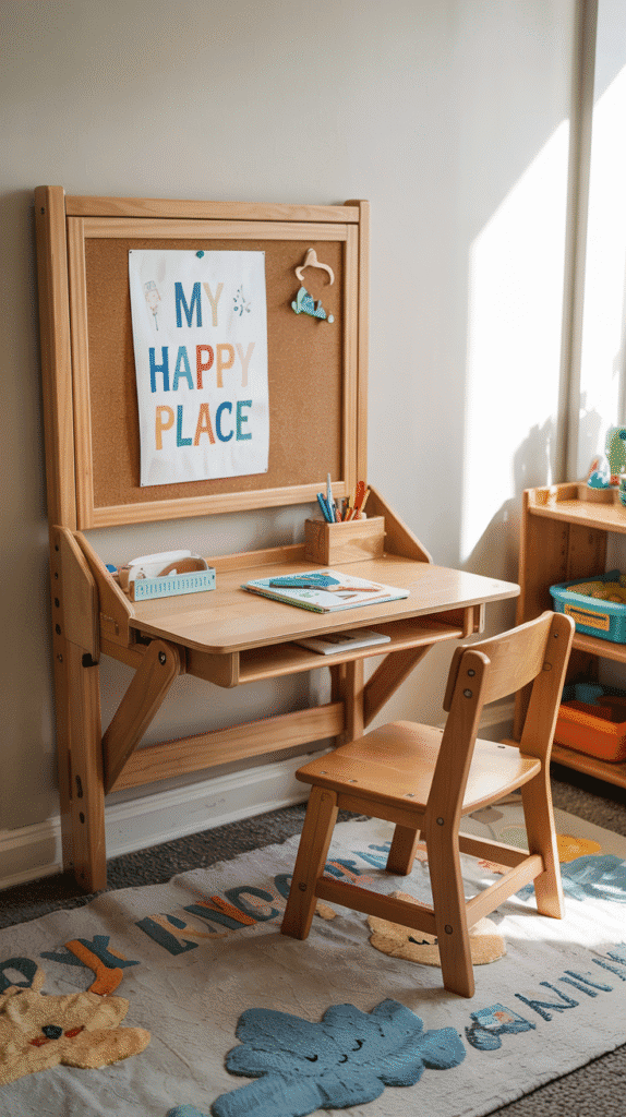 Wall-mounted folding desk in small kids' bedroom.