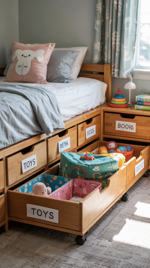 Under-bed drawers and storage in small kids' bedroom.