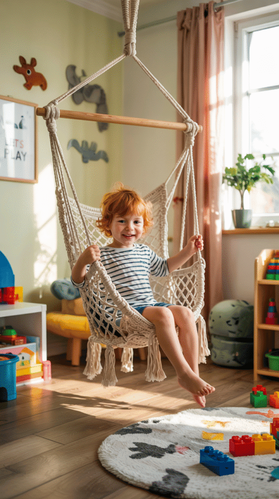 Swing chair in small kids' bedroom.