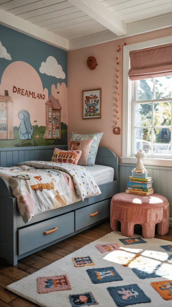 Multi-functional furniture in small kids' bedroom.