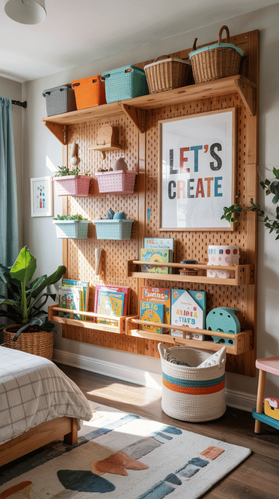 Creative wall storage in small kids' bedroom.