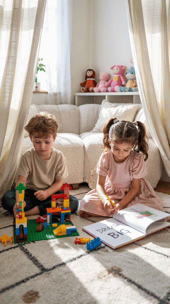 Smart dividers in shared small kids' bedroom.