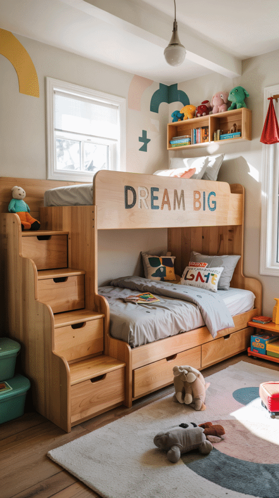 Bunk bed with storage for small kids bedroom ideas for boys, focusing on space-saving design.