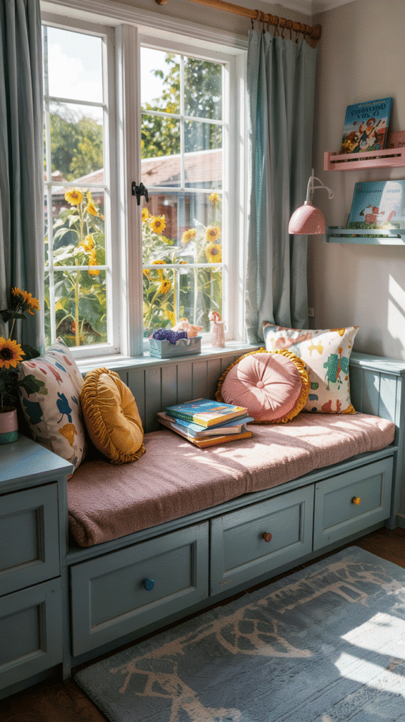 Built-in window seat in small kids bedroom ideas for boys, combining comfort with storage solutions.