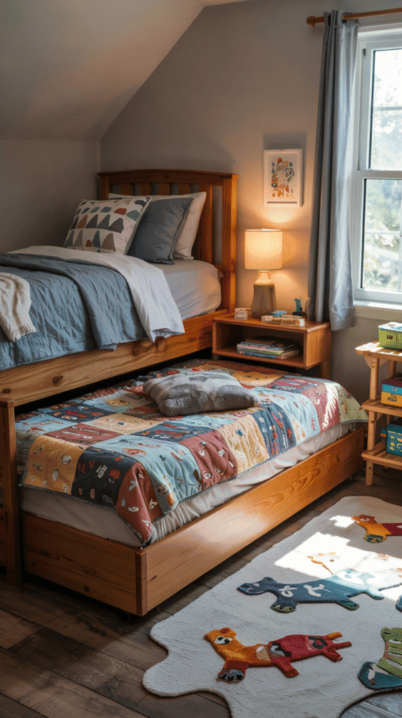 Trundle bed in small kids bedroom ideas for boys, ideal for shared spaces and guests.