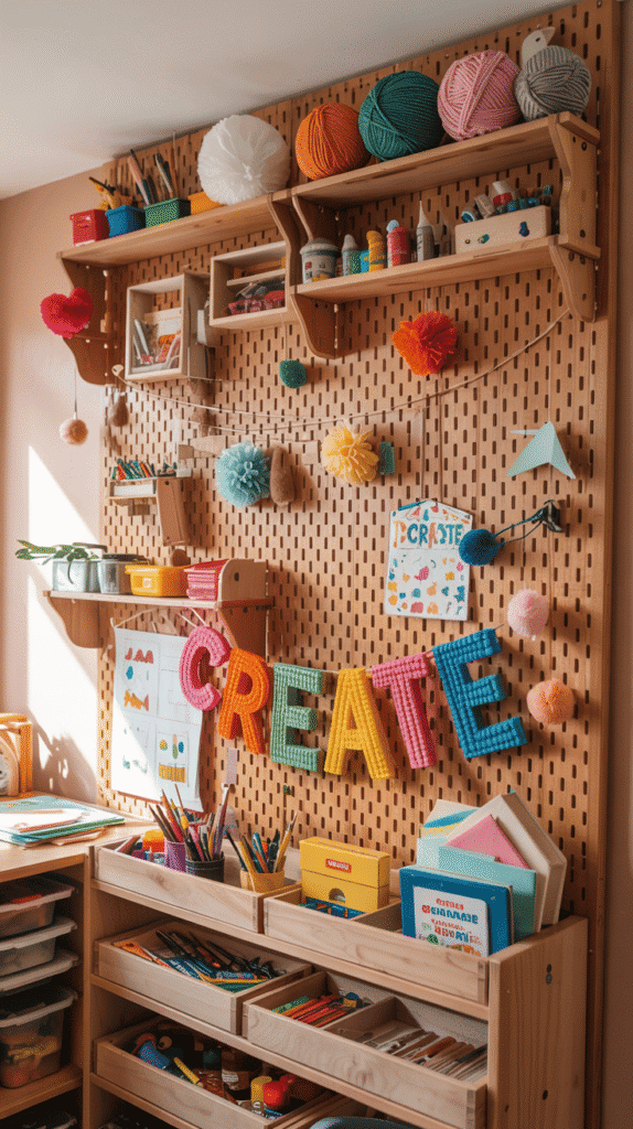 Pegboard wall in small kids bedroom ideas for boys, supporting creativity and organization.