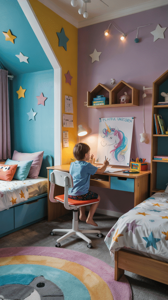 Color zoning in small kids bedroom ideas for boys, offering visual organization without physical dividers.