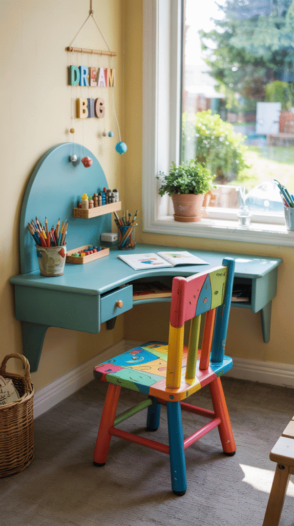 Wall-mounted desk in small kids bedroom ideas for boys, demonstrating space efficiency and functionality.
