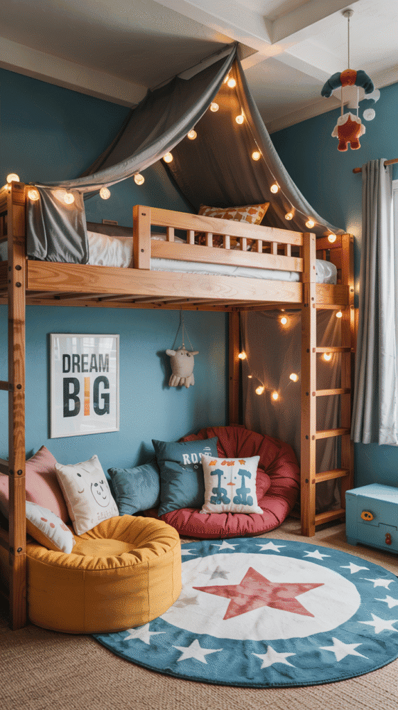 Loft bed with play zone in small kids bedroom ideas for boys, featuring creative space utilization.