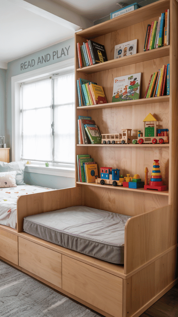 Multi-functional furniture in small kids bedroom ideas for boys, emphasizing dual-purpose design.