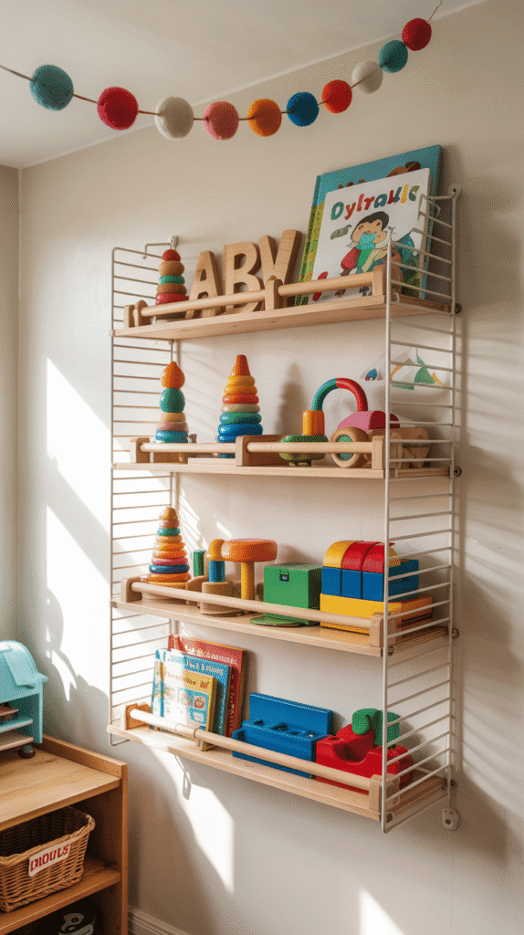 Vertical shelving in small kids bedroom ideas for boys, designed to save floor space.