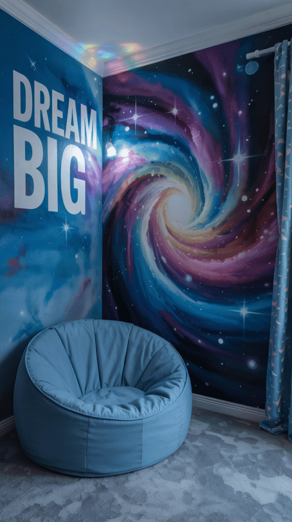 Themed wall mural in small kids bedroom ideas for boys, adding character without taking up space.