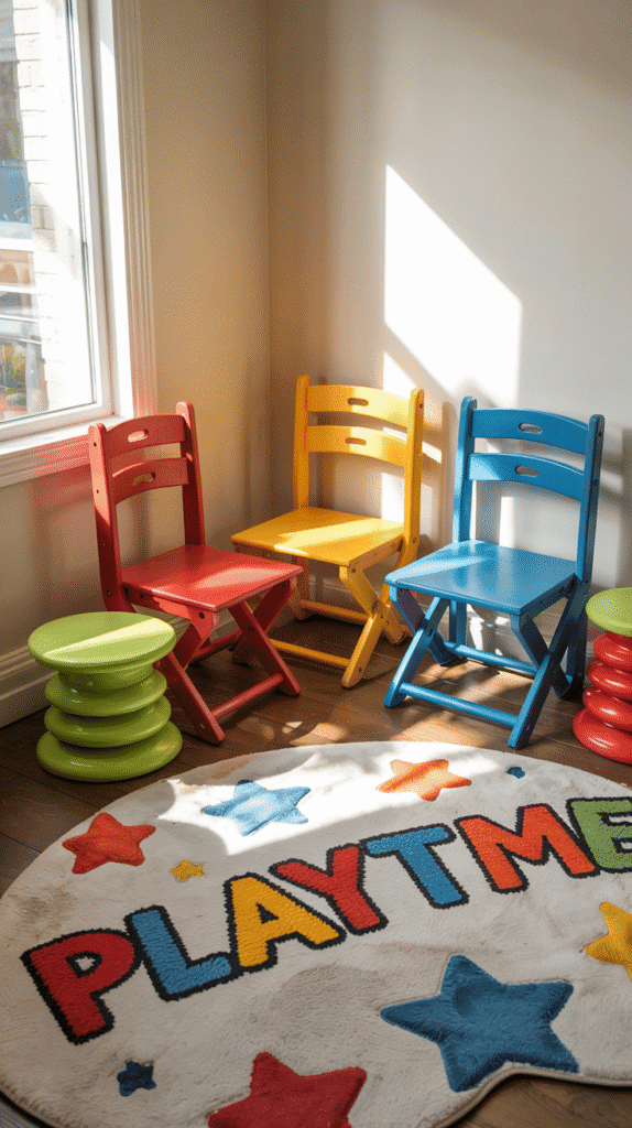 Fold-out seating in small kids bedroom ideas for boys, promoting flexible room arrangement.