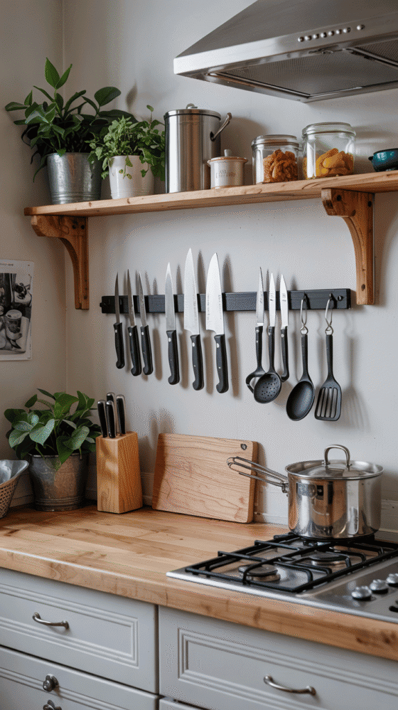 Small kitchen counter organization using a magnetic strip to store knives and utensils efficiently
