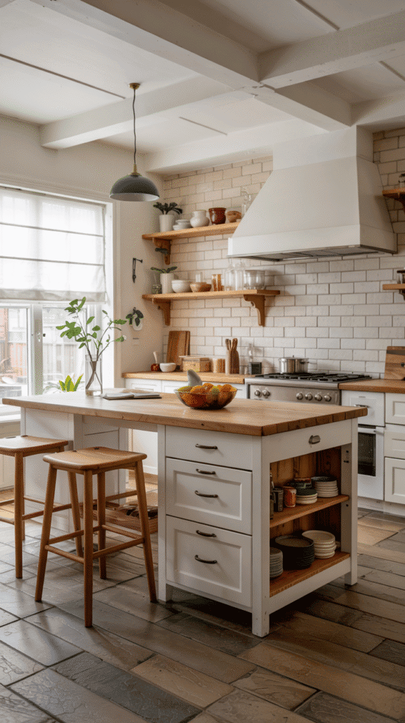 Small kitchen counter organization with a kitchen island offering hidden storage and extra prep space
