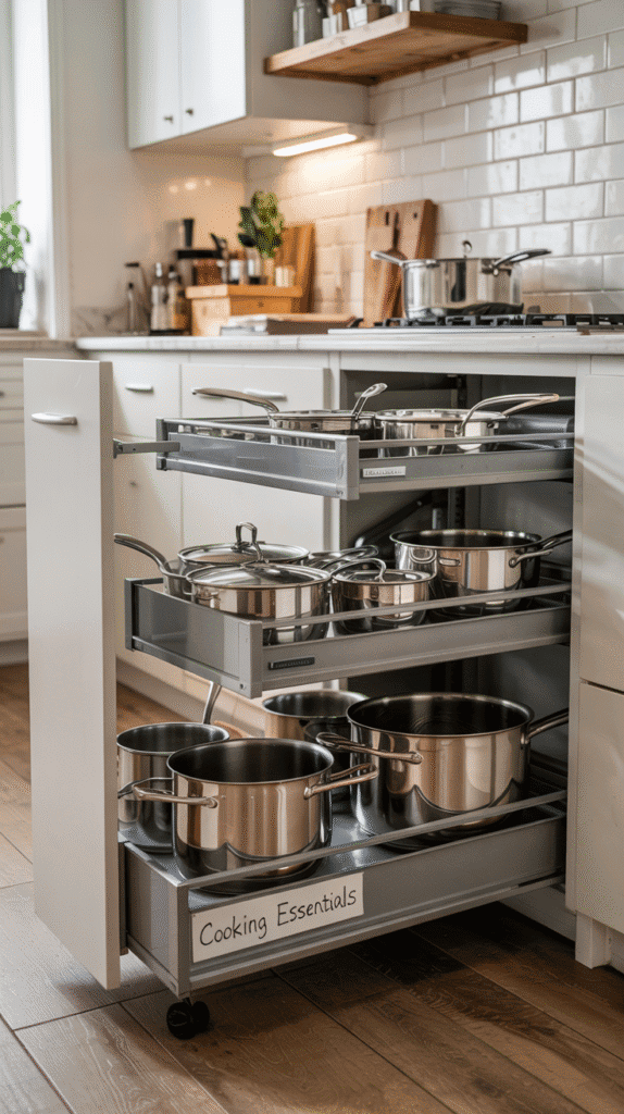 Small kitchen counter organization using pull-out cabinet drawers for better storage accessibility