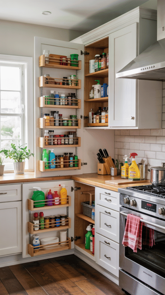 Small kitchen counter organization with door-mounted racks for spices and cleaning supplies.