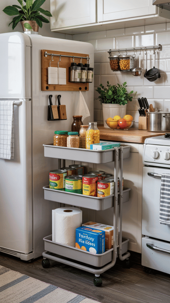 Small kitchen counter organization using a slim rolling cart for tight spaces between appliances.