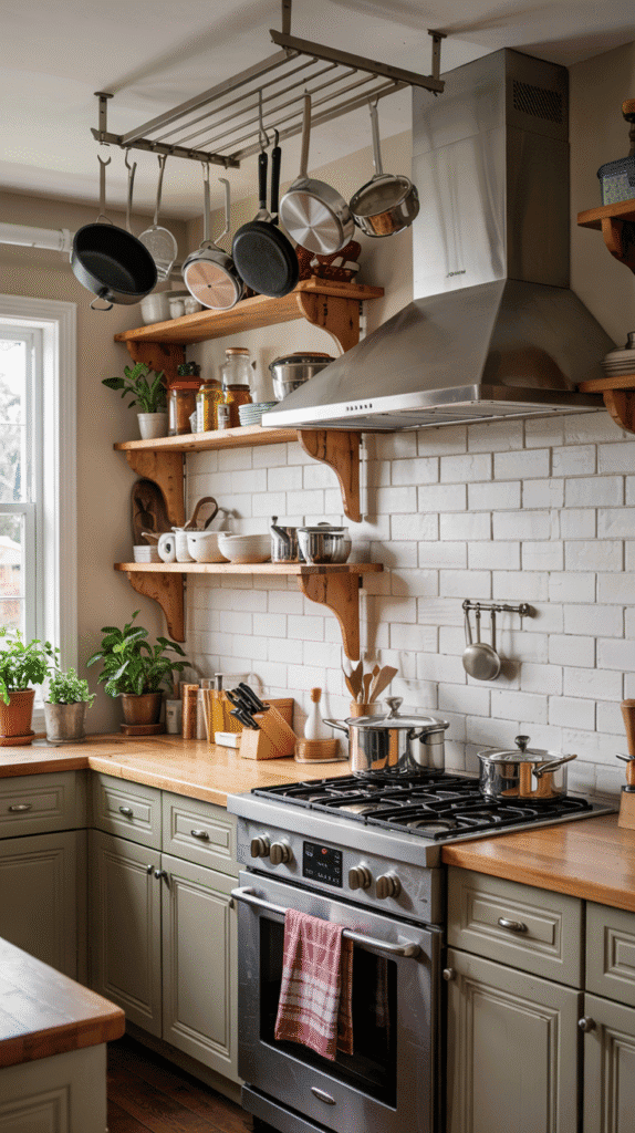 Small kitchen counter organization with ceiling-mounted pot racks for efficient cookware storage