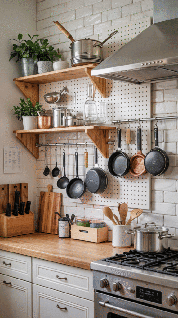 Small kitchen counter organization with a pegboard full of pots, pans, and utensils to maximize space